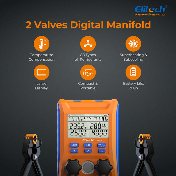 Elitech LMG-10 HVAC Digital Manifold Gauge 2 Valves with Thermometer Clamps