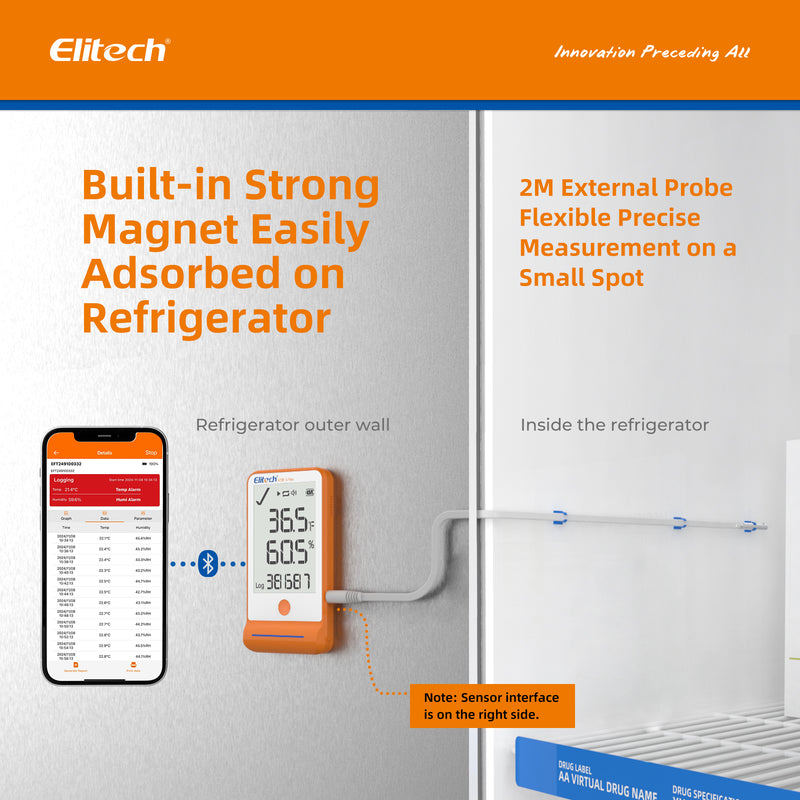 Elitech GSP-6 Enregistreur numérique de données de température et d'humidité Deux sondes détachables -40℉ à 158℉ Précision maximale jusqu'à ±0,6℉ Certificat d'étalonnage d'alarme audio Affichage de la valeur max/min