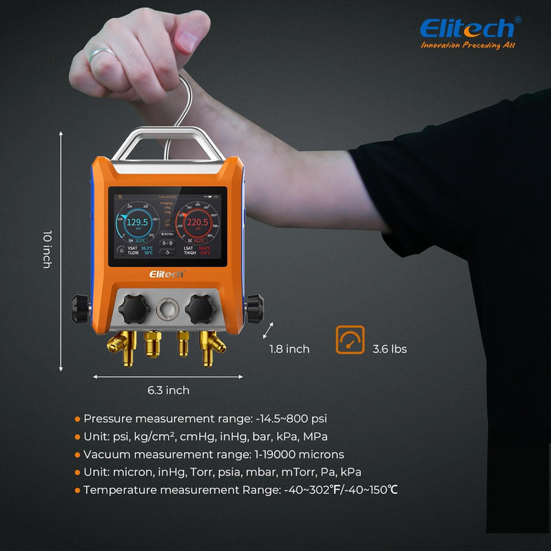 Elitech Digital 4 Valve Manifold Gauge HVAC with Refrigerant Hoses, Vacuum Gauge Micron Gauge, Thermometer Clamps, OTA Upgrade, Wireless APP Control, EMG-40VPro