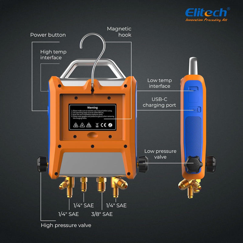 Elitech Digital 4 Valve Manifold Gauge HVAC with Refrigerant Hoses, Vacuum Gauge Micron Gauge, Thermometer Clamps, OTA Upgrade, Wireless APP Control, EMG-40VPro