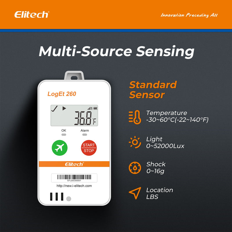 Elitech 4G Reusable Real - time Temperature Data Logger Light/Shock/Location, Built - in SIM Card, Shadow Data, Airplane mode, Cloud Data Storage, SMS/Email/APP/Web Alarm, 100000 Points, Loget 260 - T - Elitech Technology, Inc.