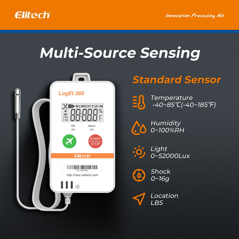 Elitech 4G Reusable Real - time Temperature Humidity Data Logger Light/Shock/Location, Built - in SIM Card, Shadow Data,Airplane mode,Cloud Data Storage,SMS/Email/APP/Web Alarm,100000 Points,Loget 260 - THE - Elitech Technology, Inc.