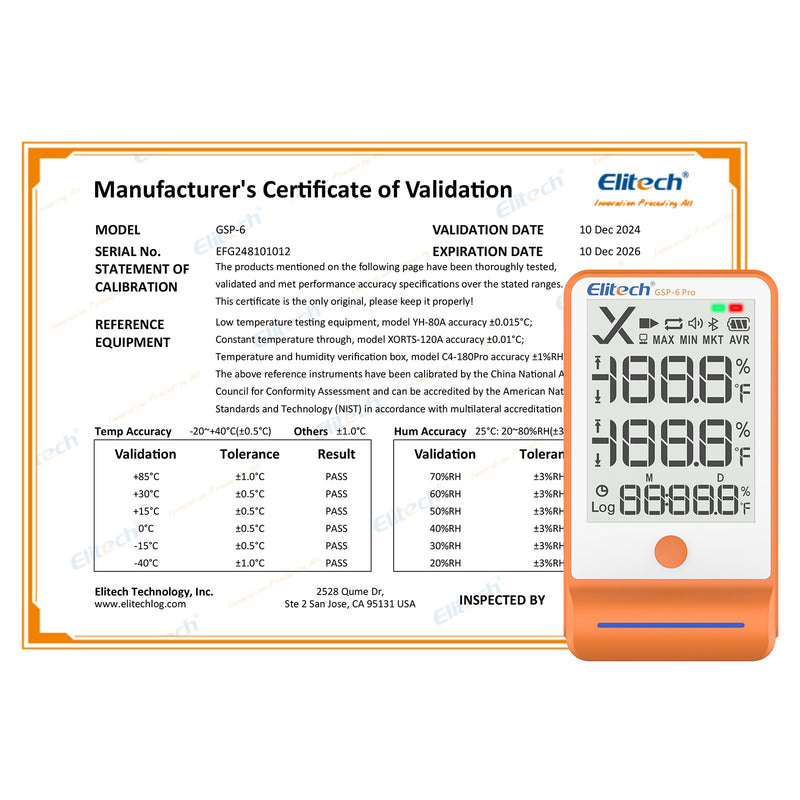 Elitech Bluetooth Hygrometer Thermometer Data Logger Temperature Humidity with Shadow Data 100000 Points Data Storage Export, Pharmacy Vaccine DDL Calibration Certificate, MAX MIN AVR MKT GSP - 6Pro - Elitech Technology, Inc.