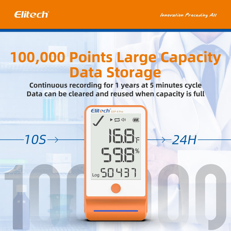 Elitech Bluetooth Temperature Humidity Data Logger with Shadow Data 100000 Points, Pharmacy DDL with Calibration Certificate Get Data via APP, Refrigerator Thermometer Vaccine Fridge Monitor GSP - 6Pro GLE - Elitech Technology, Inc.