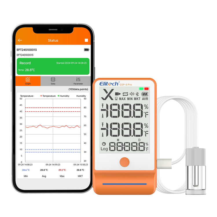 Elitech Bluetooth Thermometer Data Logger Temperature with Shadow Data 100000 Points Data Storage Export, Pharmacy Vaccine DDL Calibration Certificate, MAX MIN AVR MKT GSP - 6Pro - GLE - Elitech Technology, Inc.