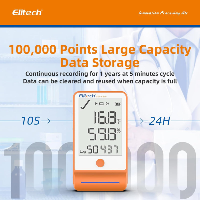 Elitech Bluetooth Thermometer Data Logger Temperature with Shadow Data 100000 Points Data Storage Export, Pharmacy Vaccine DDL Calibration Certificate, MAX MIN AVR MKT GSP - 6Pro - GLE - Elitech Technology, Inc.