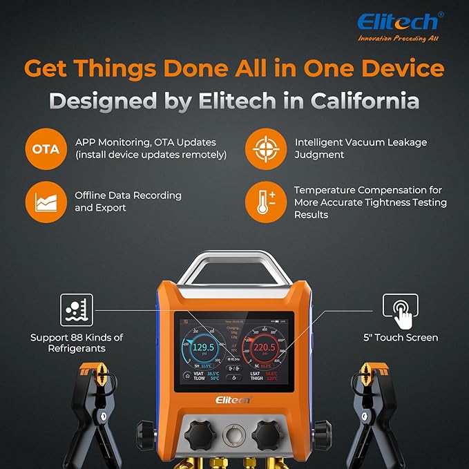 Elitech Digital 4 Valve Manifold Gauge HVAC with Refrigerant Hoses, Vacuum Gauge Micron Gauge, Thermometer Clamps, OTA Upgrade, Wireless APP Control, EMG - 40VPro - Elitech Technology, Inc.