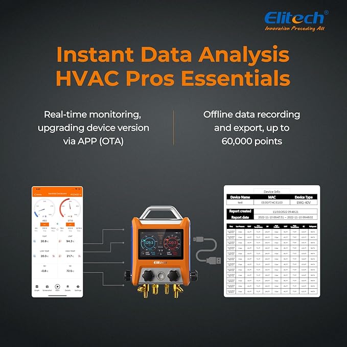 Elitech Digital 4 Valve Manifold Gauge HVAC with Refrigerant Hoses, Vacuum Gauge Micron Gauge, Thermometer Clamps, OTA Upgrade, Wireless APP Control, EMG - 40VPro - Elitech Technology, Inc.