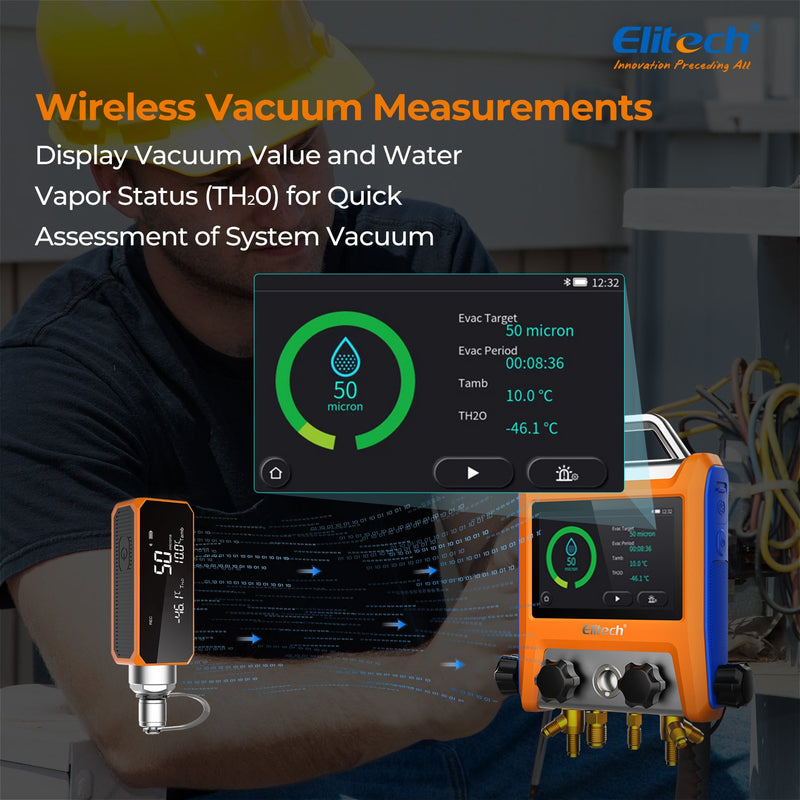 Elitech Digital 4 Valve Manifold Gauge HVAC with Refrigerant Hoses, Vacuum Gauge Micron Gauge, Thermometer Clamps, OTA Upgrade, Wireless APP Control, EMG - 40VPro - Elitech Technology, Inc.