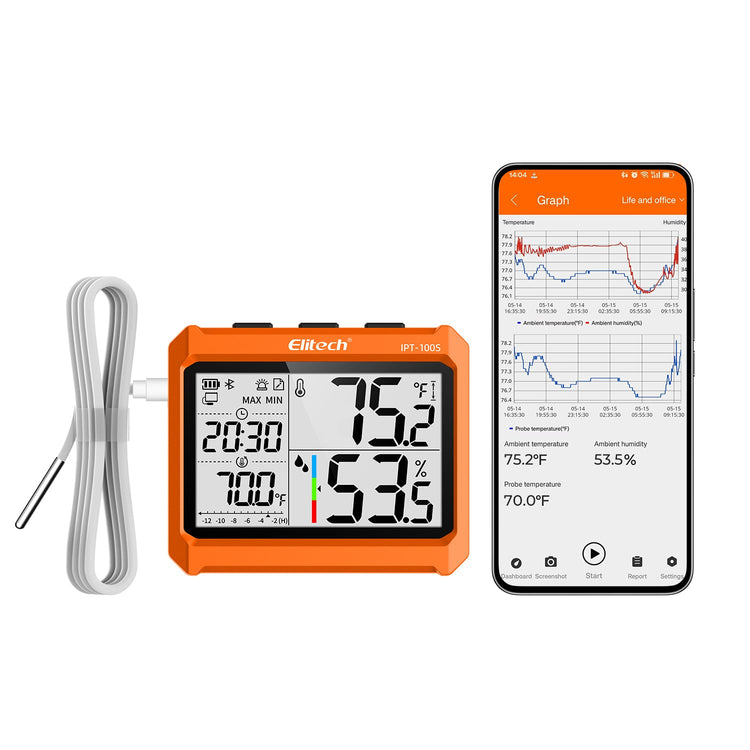 Elitech Digital Bluetooth Hygrometer Thermometer, Refrigerator Thermometer with Free APP, Real - Time Temperature Humidity Monitor with 4.5" Screen, PDF&CSV Data Export, IPT - 100S with External Probe - Elitech Technology, Inc.