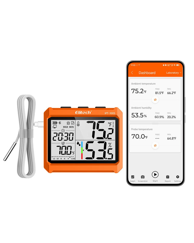 Elitech Digital Bluetooth Hygrometer Thermometer, Refrigerator Thermometer with Free APP, Real - Time Temperature Humidity Monitor with 4.5" Screen, PDF&CSV Data Export, IPT - 100S with External Probe - Elitech Technology, Inc.