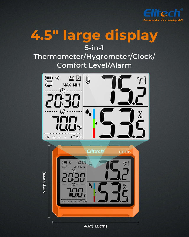 Elitech Digital Bluetooth Hygrometer Thermometer, Refrigerator Thermometer with Free APP, Real - Time Temperature Humidity Monitor with 4.5" Screen, PDF&CSV Data Export, IPT - 100S with External Probe - Elitech Technology, Inc.