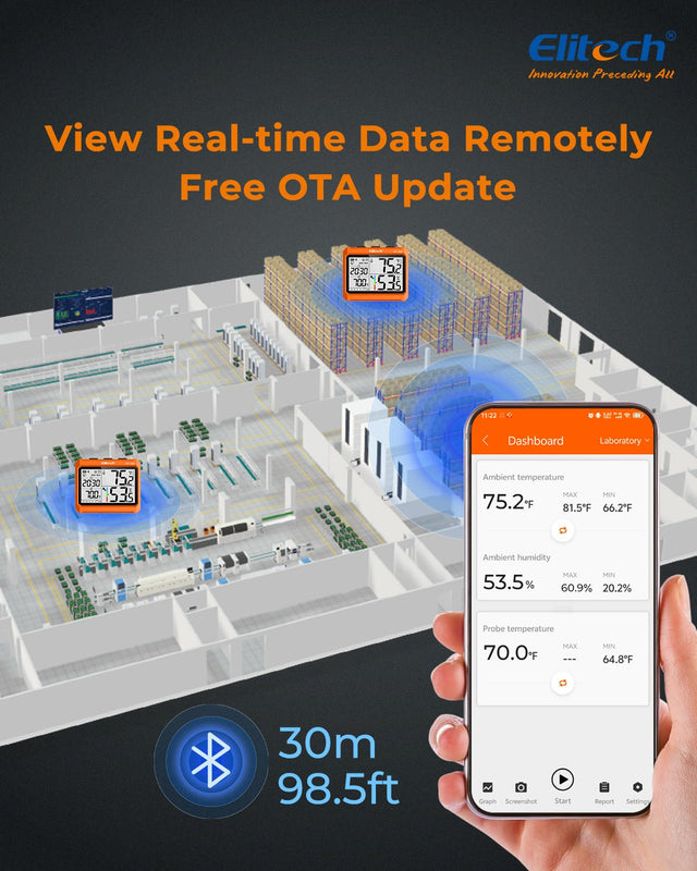 Elitech Digital Bluetooth Hygrometer Thermometer, Refrigerator Thermometer with Free APP, Real - Time Temperature Humidity Monitor with 4.5" Screen, PDF&CSV Data Export, IPT - 100S with External Probe - Elitech Technology, Inc.