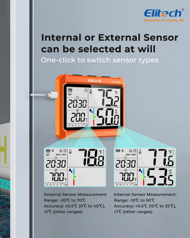 Elitech Digital Bluetooth Hygrometer Thermometer, Refrigerator Thermometer with Free APP, Real - Time Temperature Humidity Monitor with 4.5" Screen, PDF&CSV Data Export, IPT - 100S with External Probe - Elitech Technology, Inc.