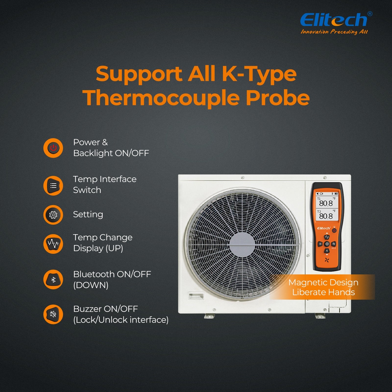 Elitech Dual Digital Thermocouple Temperature Thermometer with 2 K-Type Thermocouple Probe, Wide Range -58~932°F, 2 K-Type Thermocouples Measurement -58 to 482°F, ICT-220 - Elitech Technology, Inc.