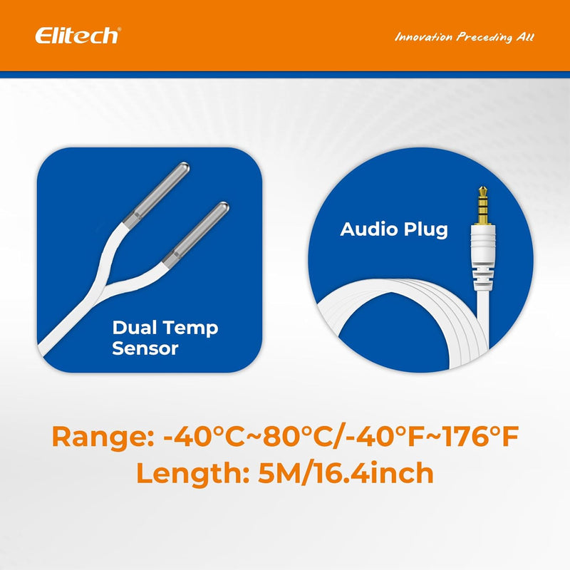 Elitech External Dual Temperature Probe, Temperature Sensor Matches with RCW - 360Pro Device only, Monitor - 40~176℉( - 40~80℃), Audio Plug Connector, 16.4ft*2 - Elitech Technology, Inc.