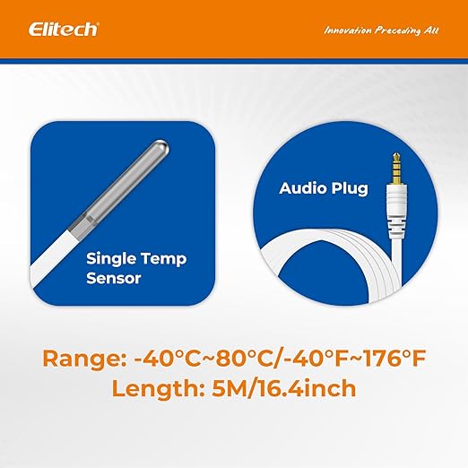 Elitech External Temperature Probe, Temperature Sensor Matches with RCW - 360Pro Device only, Monitor - 40~176℉( - 40~80℃), Audio Plug Connector, 16.4ft - Elitech Technology, Inc.