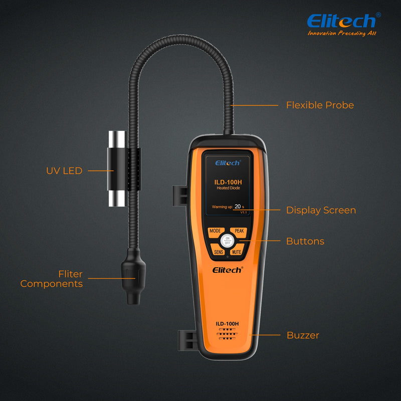 Elitech HVAC Refrigerant Leak Detector Heated Diode Sensor Life Halogen Freon Sniffer, Air Conditioning Detection, Automotive Gas Finder, R22 R410A R134A R1234YF CFCs HCFCs HFCs, ILD-100H - Elitech Technology, Inc.