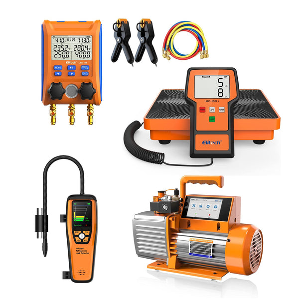 ElitechUpdatedSolutionPack-LMG-10WDigitalManifoldGauge+LMC-100F+RefrigerantChargingScale+ILD-200InfraredRefrigerantHVACLeakDetector+SVP-7IntelligentHVACVacuumPump