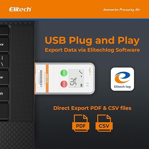 Elitech USB Digital Data Logger with Temperature Humidity External Probe Reusable Recorder with Shadow Data 32000 Points, Auto PDF/CSV Report, for Windows/MacOS, Refrigerator Thermometer LogEt5THE - Elitech Technology, Inc.