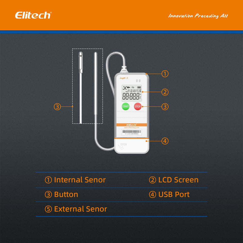 Elitech USB Digital Temperature Data Logger Reusable Recorder with Shadow Data 32000 Points , Auto PDF/ CSV Report, for Windows/MacOS, Refrigerator Thermometer LogEt5T - Elitech Technology, Inc.