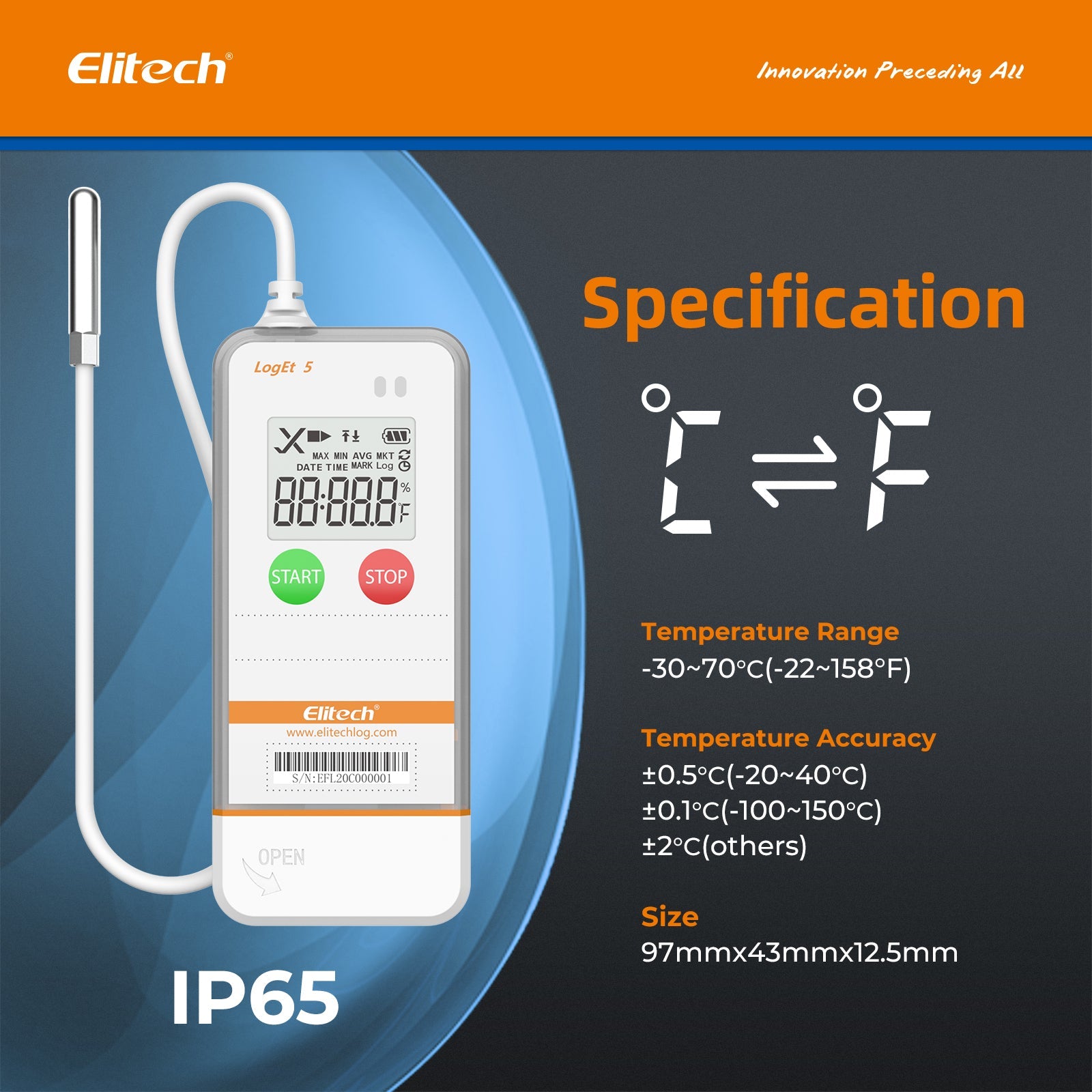 Elitech USB Digital Temperature Data Logger with External Probe Reusable Recorder with Shadow Data 32000 Points , Auto PDF/ CSV Report, for Windows/MacOS, Refrigerator Thermometer LogEt5TE - Elitech Technology, Inc.