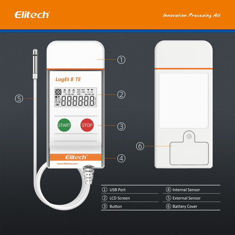 Elitech USB Temperature Data Logger Reusable Temperature Recorder Refrigerator Thermometer High Accuracy External Temperature Sensor, Auto PDF Report USB Port 32000 Points LogEt 8 PTE, - 85～150℃ - Elitech Technology, Inc.