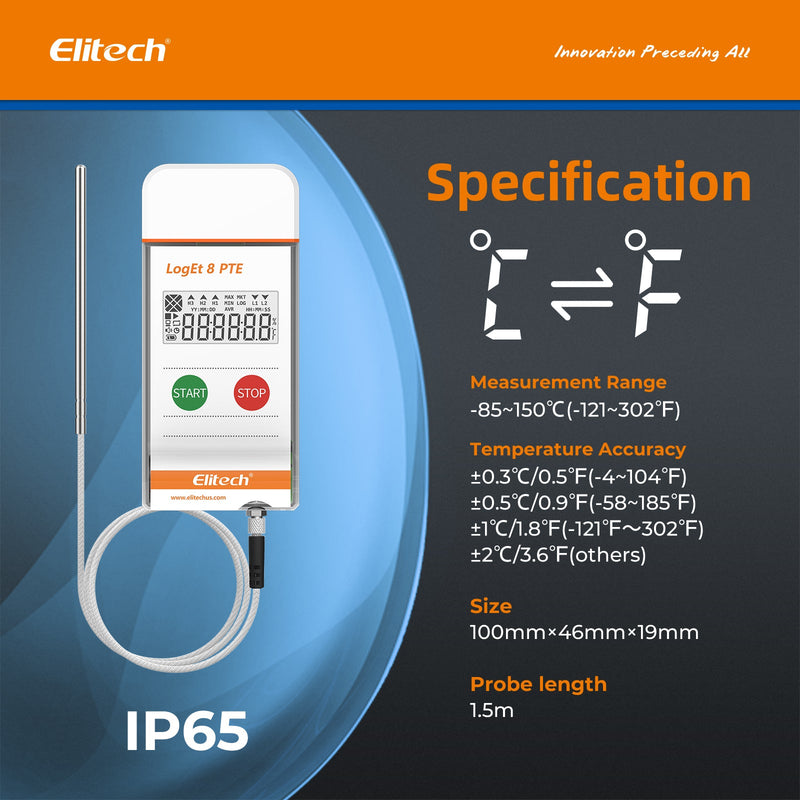 Elitech USB Temperature Data Logger Reusable Temperature Recorder Refrigerator Thermometer High Accuracy External Temperature Sensor, Auto PDF Report USB Port 32000 Points LogEt 8 PTE, - 85～150℃ - Elitech Technology, Inc.