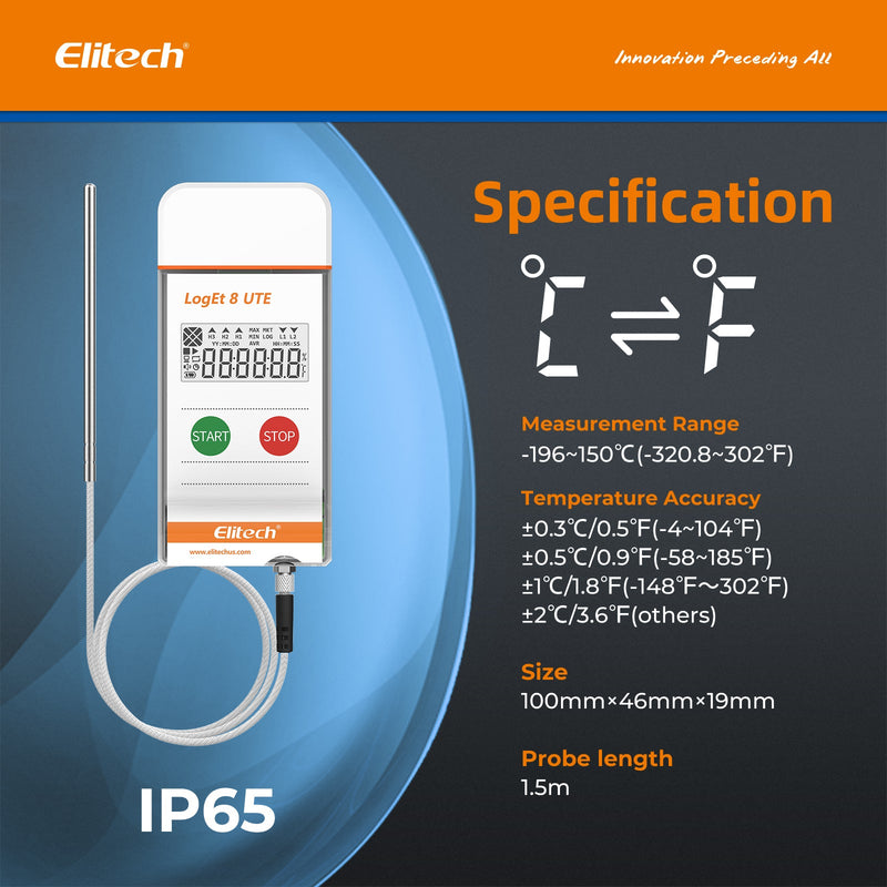 Elitech USB Temperature Data Logger Reusable Temperature Recorder Refrigerator Thermometer High Accuracy External Temperature Sensor, Auto PDF Report USB Port 32000 Points LogEt 8 UTE, - 196～150℃ - Elitech Technology, Inc.