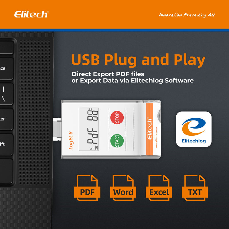 Elitech USB Temperature Data Logger Reusable Temperature Recorder Refrigerator Thermometer High Accuracy External Temperature Sensor, Auto PDF Report USB Port 32000 Points LogEt 8 PTE, - 85～150℃ - Elitech Technology, Inc.