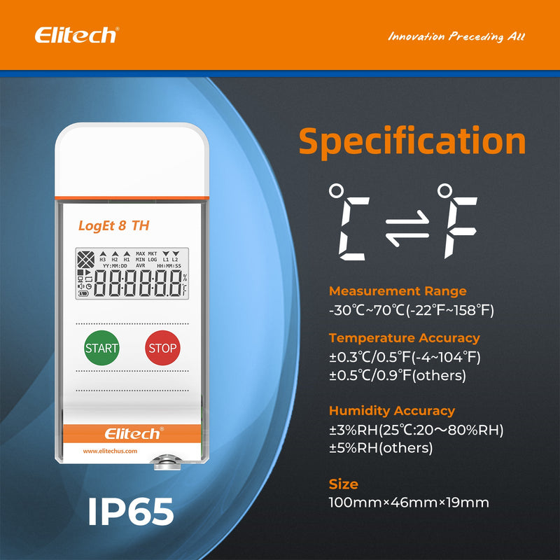 Elitech USB Temperature Humidity Data Logger Reusable Temperature Recorder Digital Refrigerator Thermometer High Accuracy Auto PDF Report USB Port 32000 Points LogEt 8 TH, - 30～70℃, 0～100% RH - Elitech Technology, Inc.