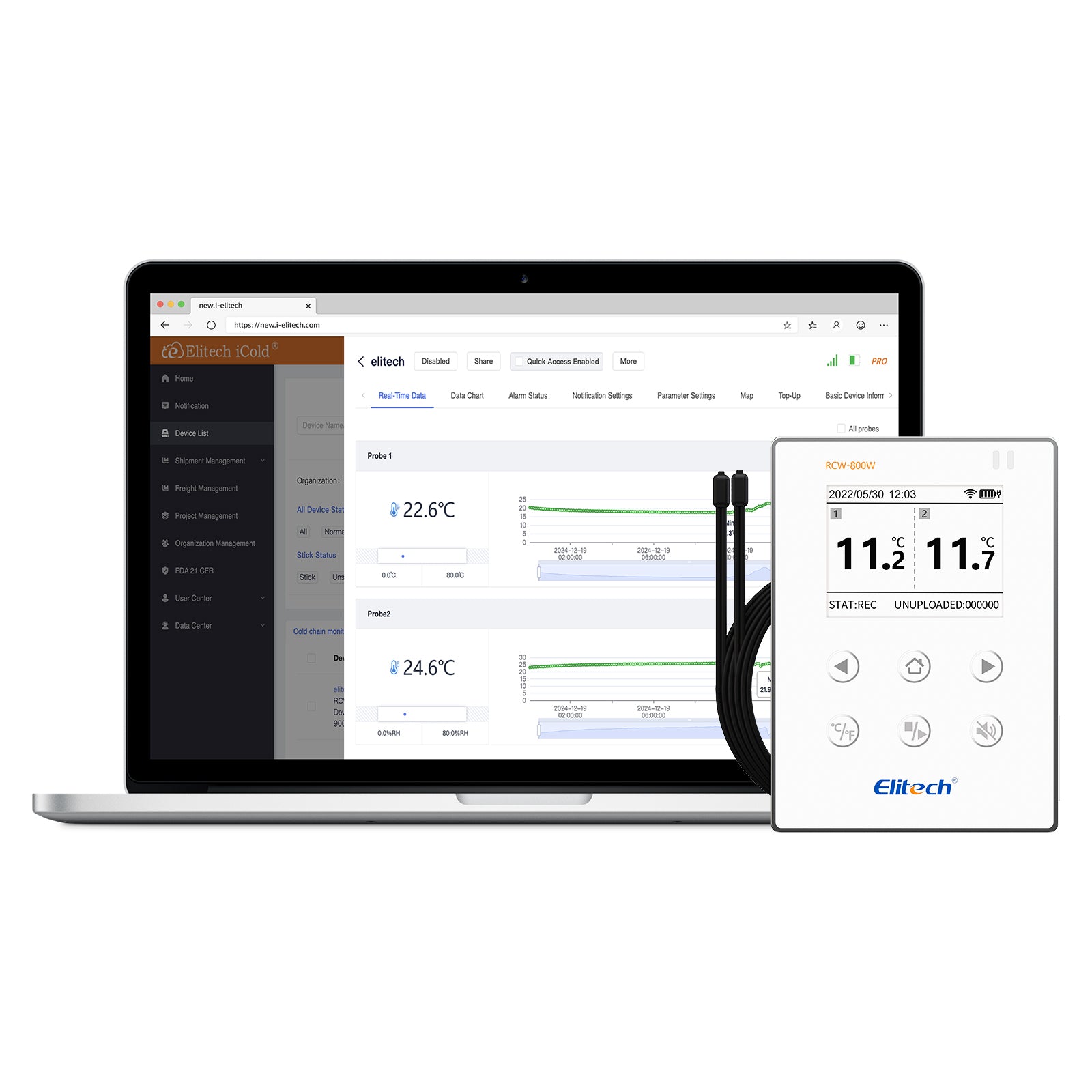 Elitech Wireless Digital Data Logger Remote Real - Time Temperature Monitor Cloud Data Storage SMS/Email/APP/Web Alarm, WiFi Dual External Temp Probe, RCW - 800W - TDE( - 40~176℉) with FREE Cloud Service - Elitech Technology, Inc.