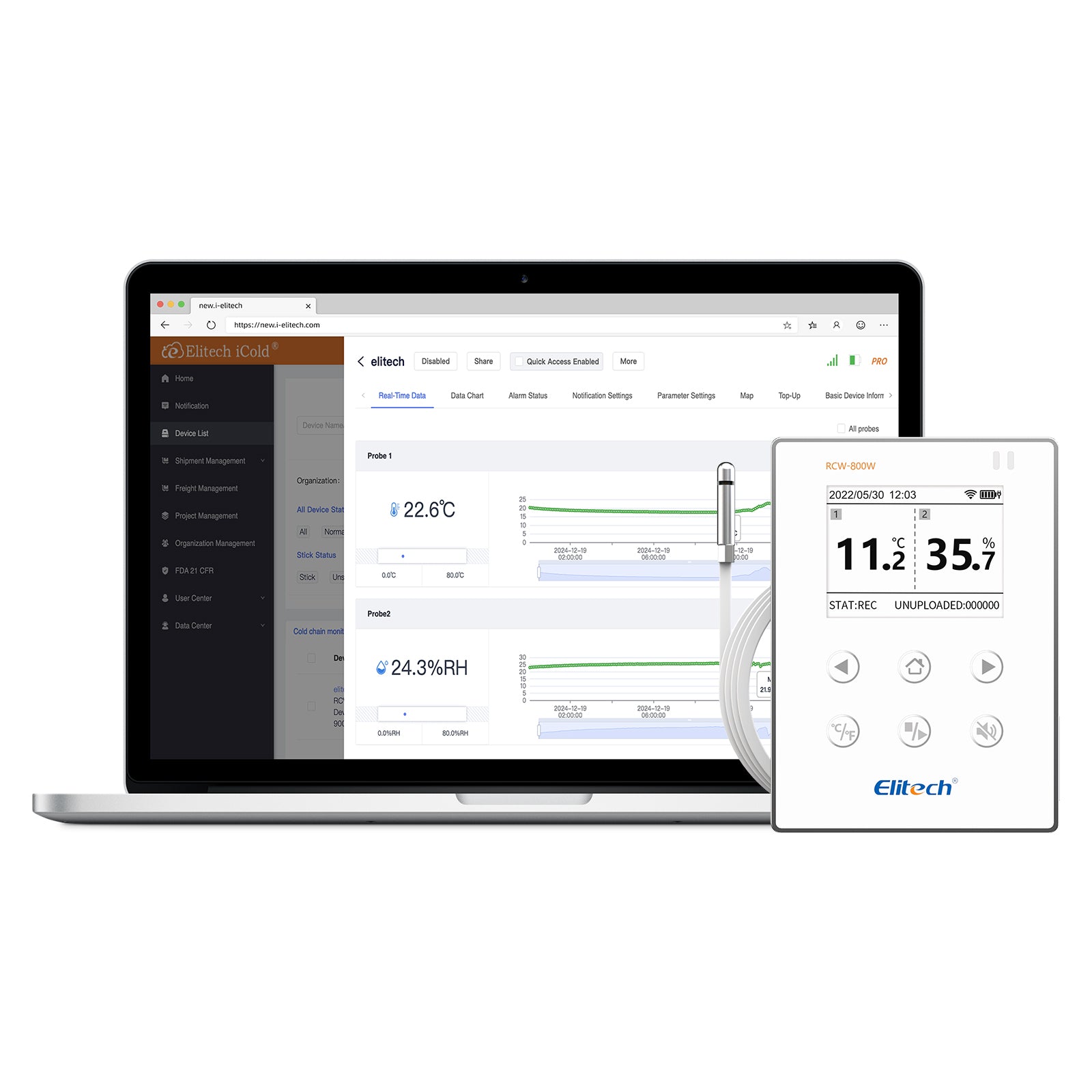 Elitech Wireless Digital Data Logger Remote Real - Time Temperature Monitor Cloud Data Storage SMS/Email/APP/Web Alarm, WiFi External Temp&Humi Probe, RCW - 800W - THE( - 40~176℉) with FREE Cloud Service - Elitech Technology, Inc.