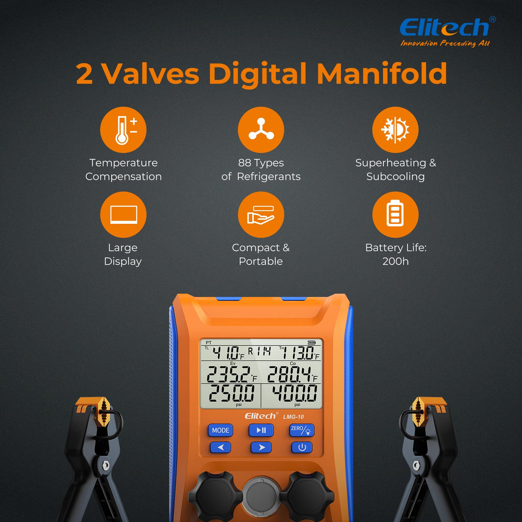 Elitech Digital Manifold Gauge HVAC 2-Way Valve with Thermometer Clamps LMG-10