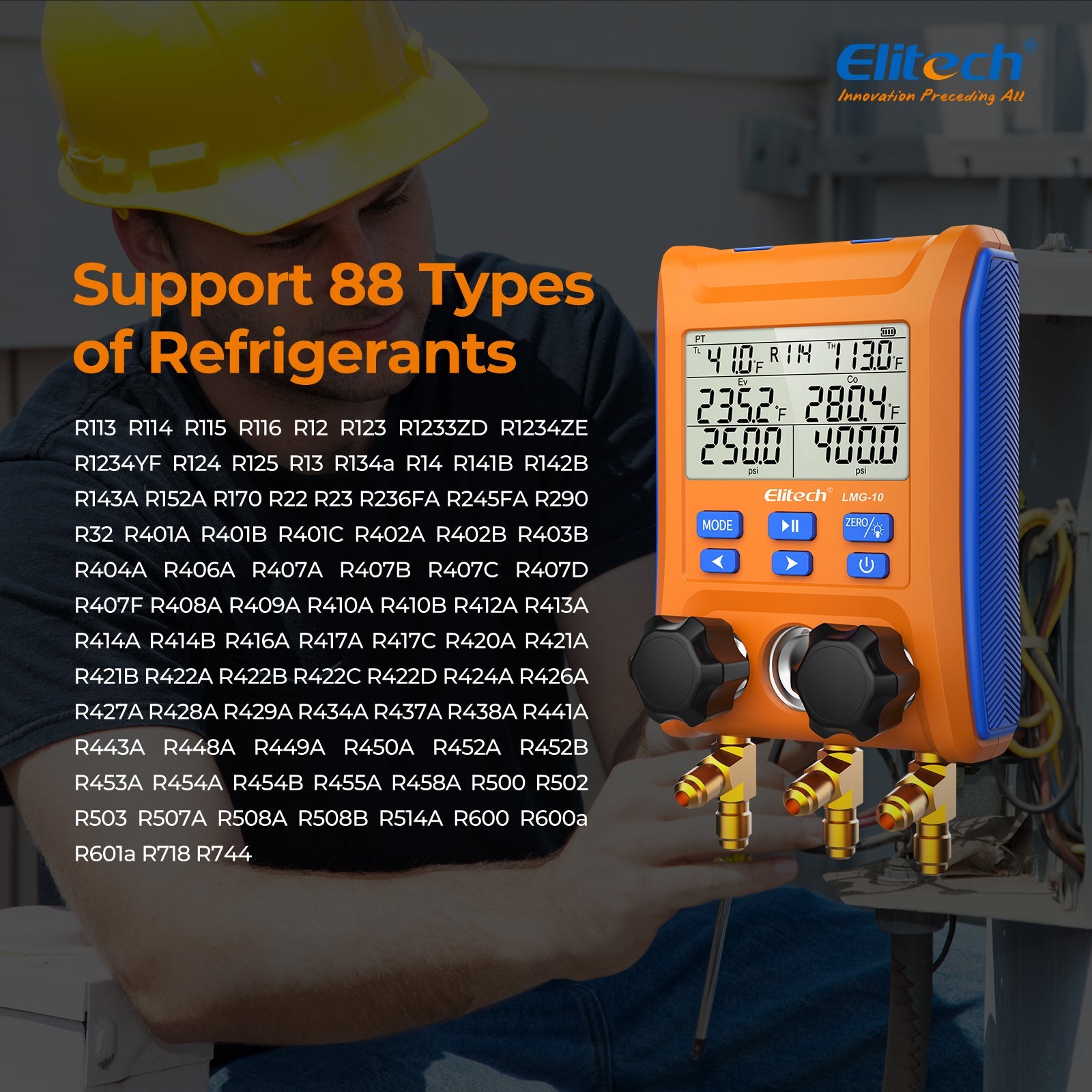 Elitech LMG-10 HVAC Digital Manifold Gauge 2 Valves with Thermometer Clamps - Elitech Technology, Inc.